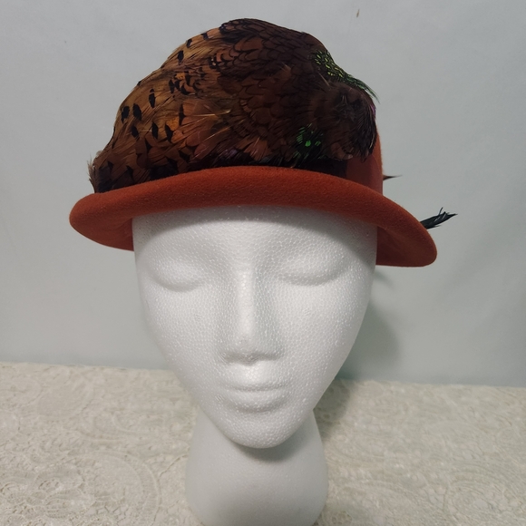 Myrtle of Houston Accessories - Vintage 1950s Myrtle Of Houston Feather Tilt Hat Orange Wool Felt Pheasant